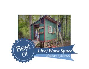 The Aylestocks' winning entry in Live and Work Space. A tree house cabin made from materials donated by neighbors and the community.